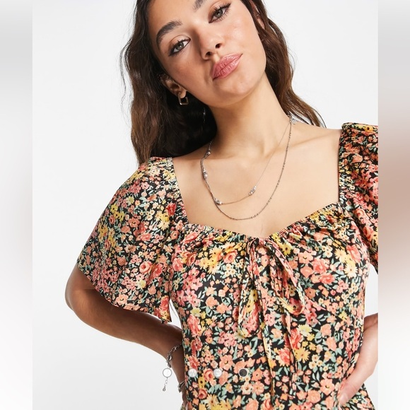 Topshop Satin Floral Sweetheart Midi Dress Black Multi US 10 - Picture 11 of 11